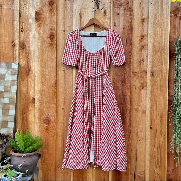 Red Gingham Plaid Button-Up Short-sleeve Midi Dress 🌿 - Picture 6 of 12